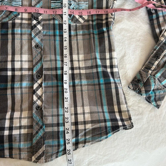 AFFLICTION VTG Y2K Mens Blue Plaid Embroidered Long Sleeve Slim Fit Shirt Size M - Picture 12 of 13